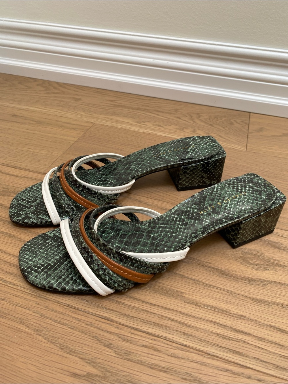 Charles & Keith Green Snake-Print Block Heel Slides with White and Brown Straps